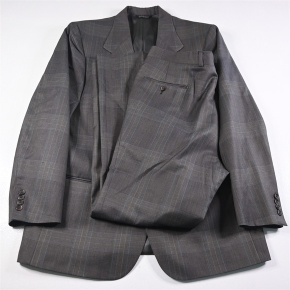 Vtg Perry Ellis 42L 36x32 Brown Glenn Check Wool USA Made Mens Jacket Pants Suit